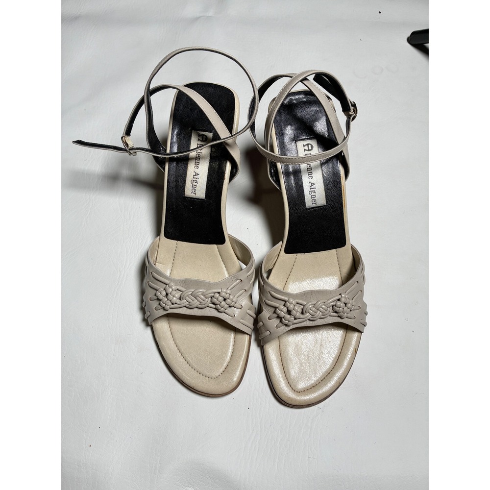 Vintage 9.5 Etienne Aigner Cream Braided Leather Wedge Sandals Ankle Strap Heels